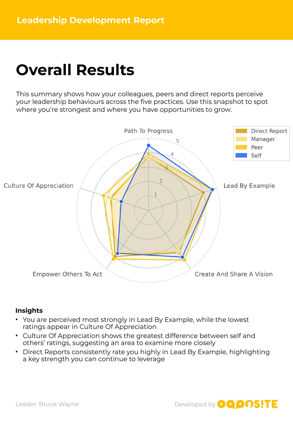 Overall Results: a radar chart comparing self, manager, peer and direct report ratings across the five practices, followed by three insights.
