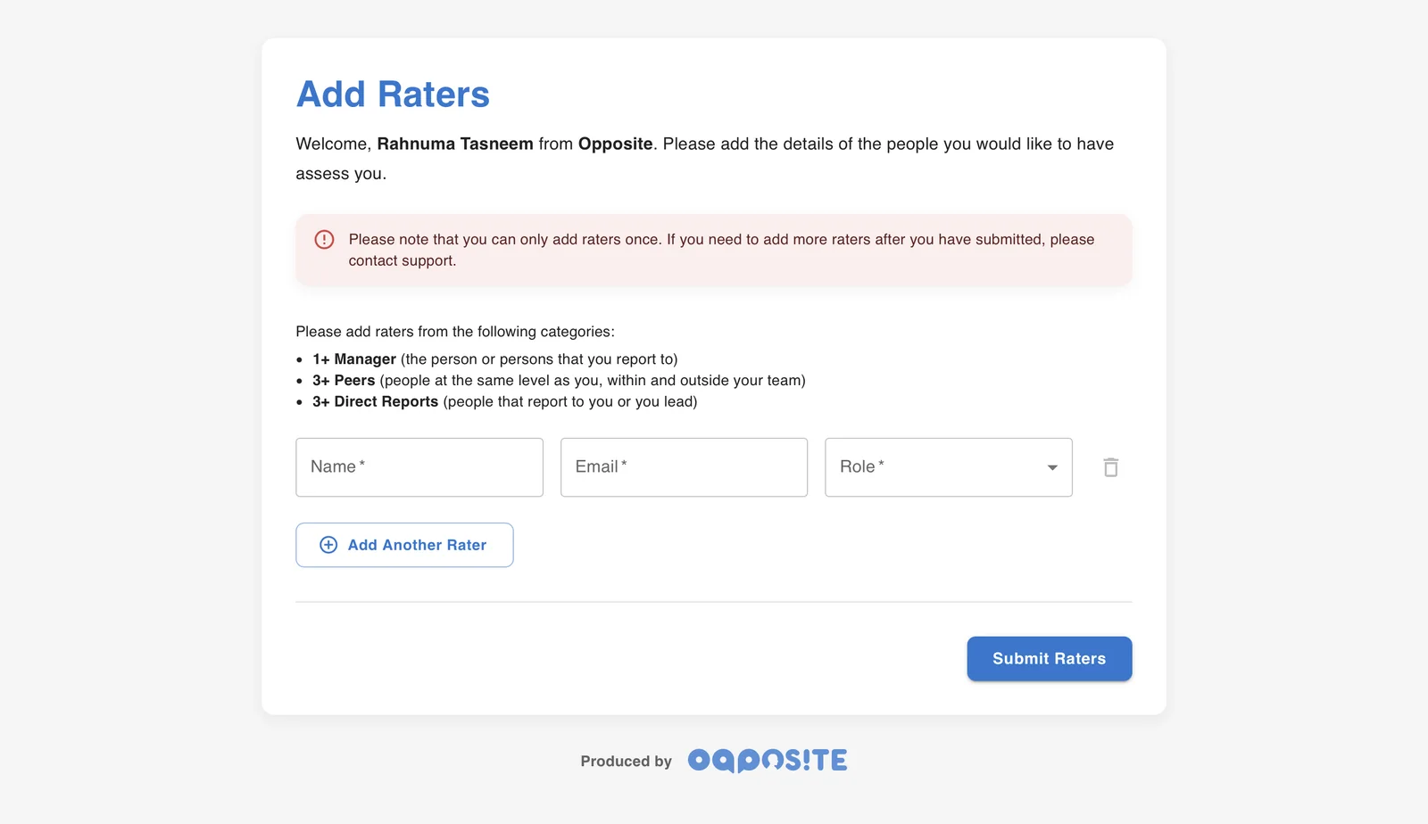 Add Raters screen: the leader enters each rater's name, email and role, with at least one manager, three peers and three direct reports.
