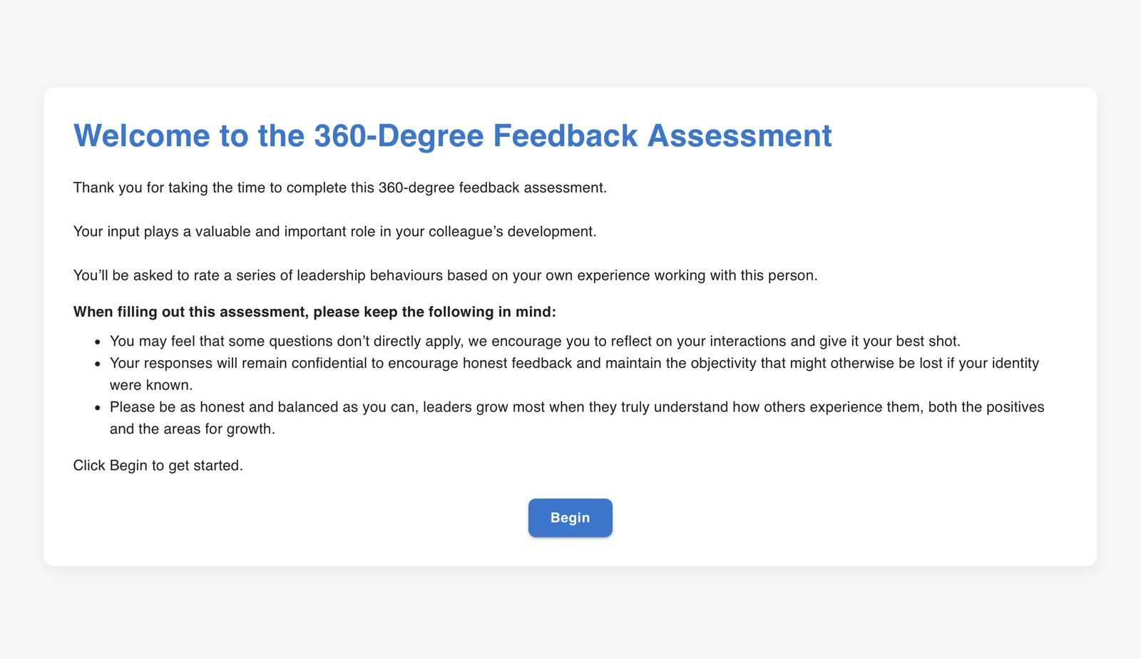 Rater welcome screen explaining that responses are confidential and asking for honest, balanced feedback.