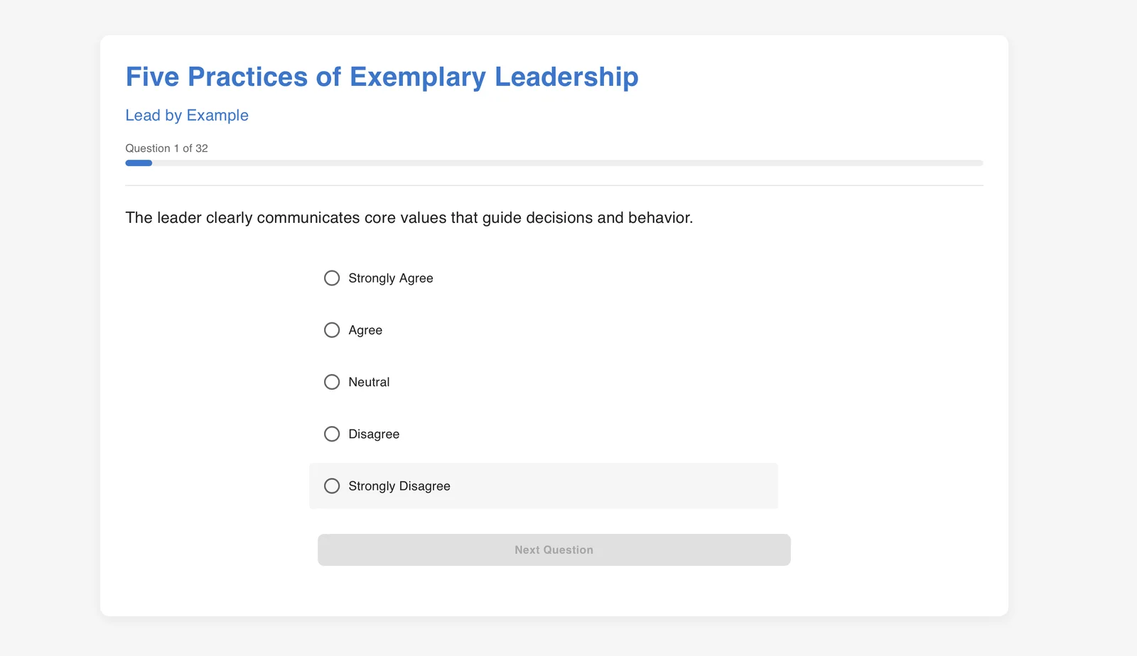 Survey question 1 of 32, under Lead by Example, rated on a five-point scale from Strongly Agree to Strongly Disagree.