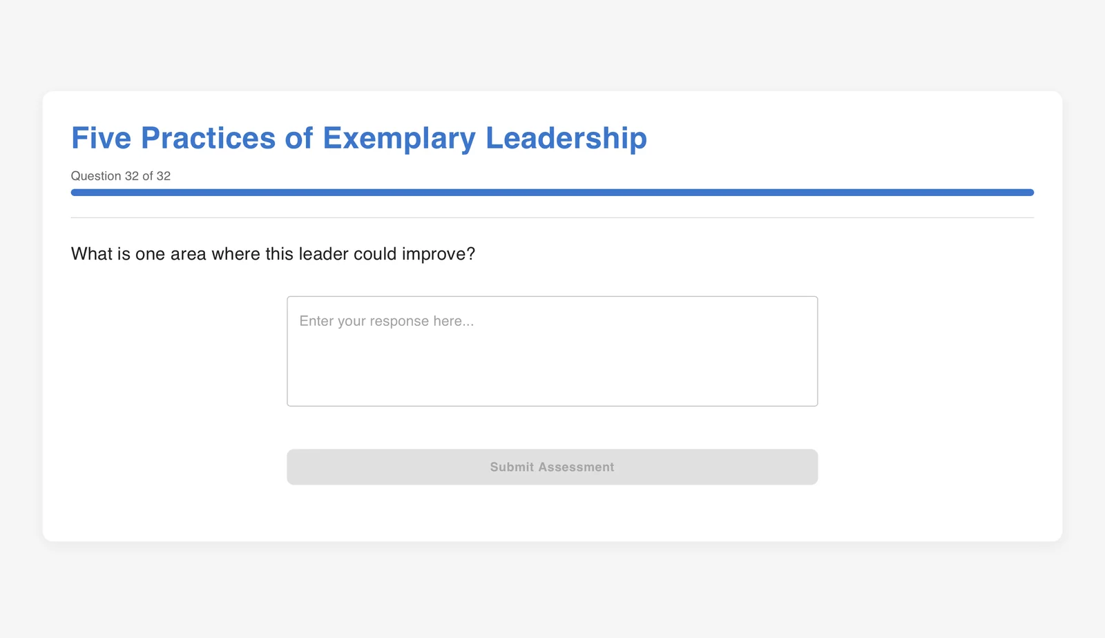 Final survey question asking what is one area where the leader could improve, with a free-text answer box.
